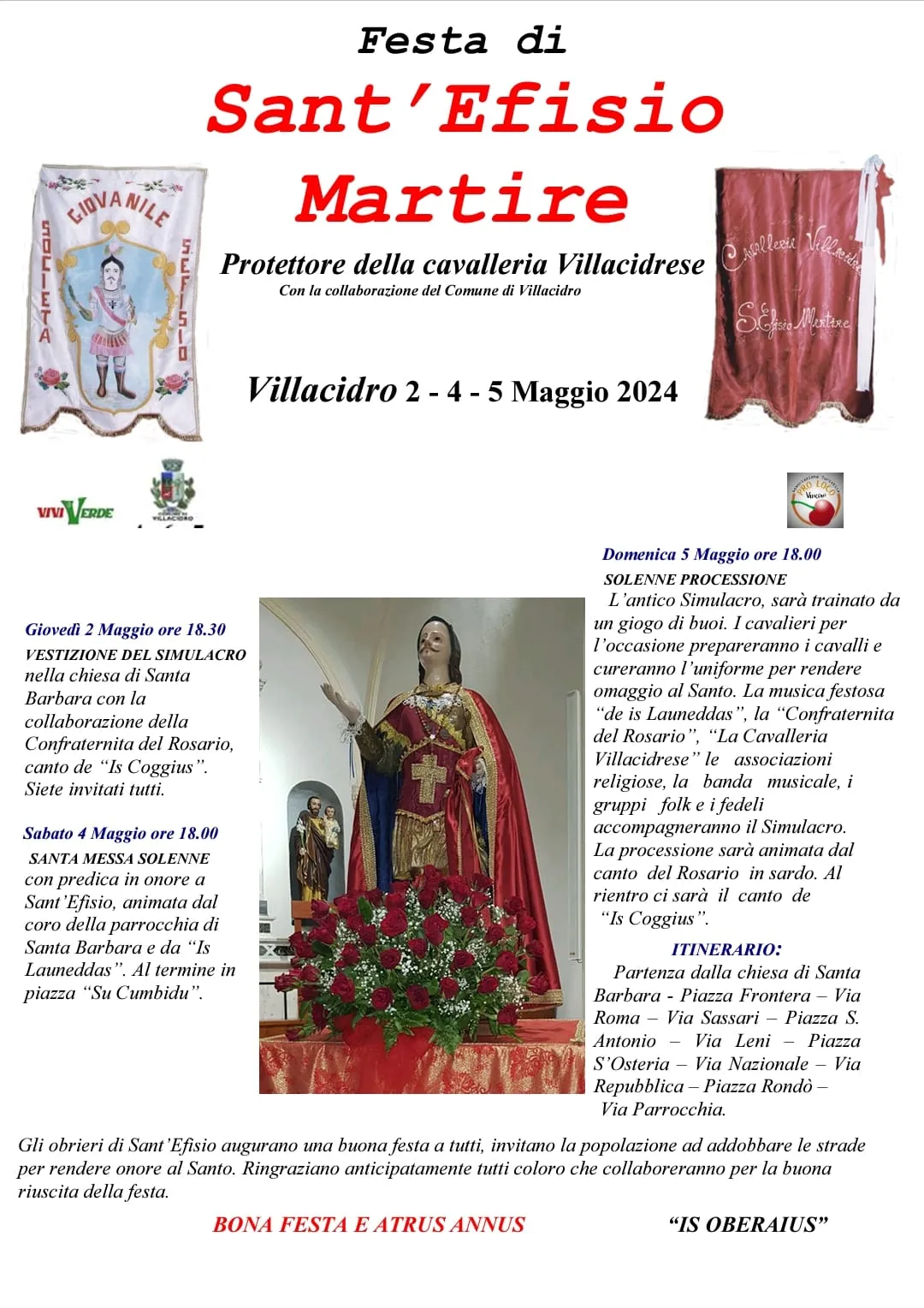 FESTA DI SANT'EFISIO MARTIRE - Protettore della Cavalleria Villacidrese. 2 - 4 e 5 Maggio 2024